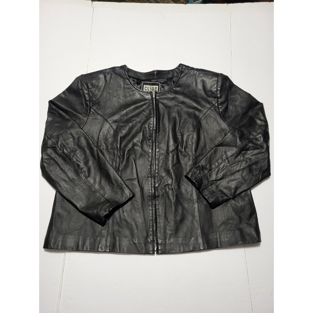 (#C)Vintage Clio Leather Jacket Womens 3X Black Full Zip Classic Long Sleeve